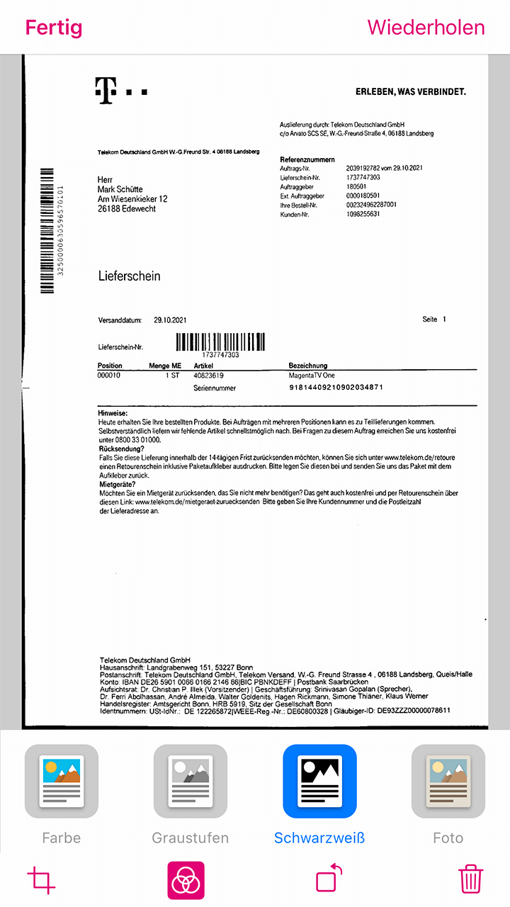 Screenshot aus der MagentaCloud Anwendung: Dokument zuschneiden.